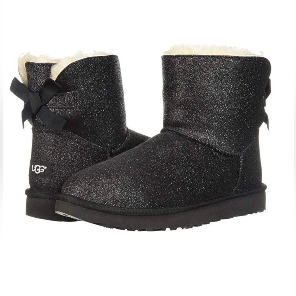 UGG Mini Bailey Bow Sparkle Boots Women’s 8 Black Glitter Sheepskin 1100053